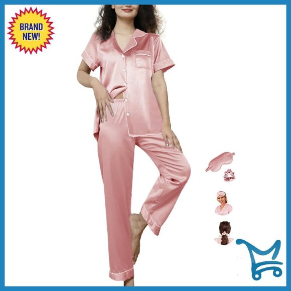 Other - Silk Satin Pajama Set Shorts Button Down Loungewear Sleepwear